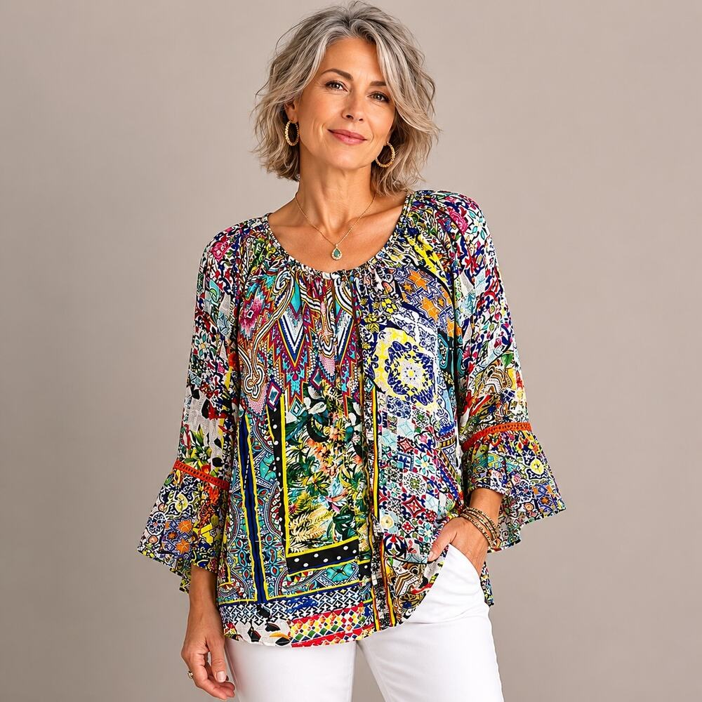Shana Multicolor Geometric Floral  Flared Sleeve Button Front NWT Silk Top  Med